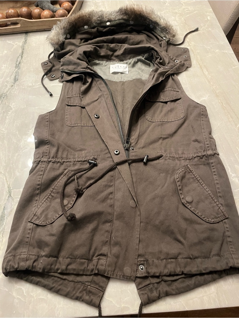 Velvet by Graham & Spencer Brown Hooded Utility Vest with Faux-Fur Trim